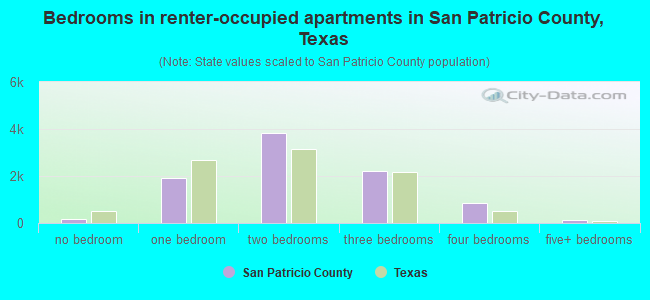 Bedrooms in renter-occupied apartments in San Patricio County, Texas