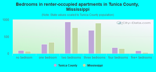 Bedrooms in renter-occupied apartments in Tunica County, Mississippi