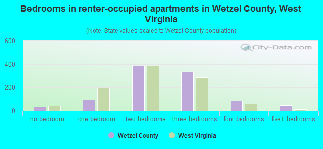 Bedrooms in renter-occupied apartments in Wetzel County, West Virginia