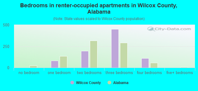 Bedrooms in renter-occupied apartments in Wilcox County, Alabama