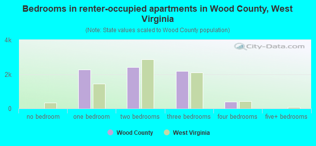 Bedrooms in renter-occupied apartments in Wood County, West Virginia