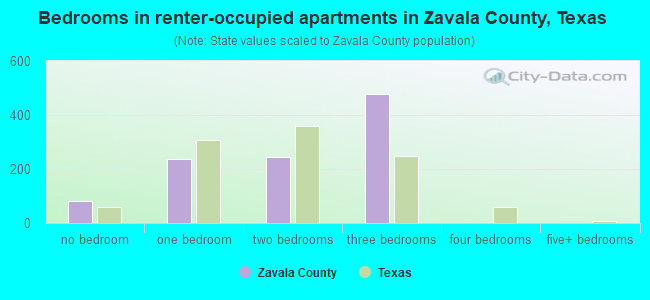 Bedrooms in renter-occupied apartments in Zavala County, Texas