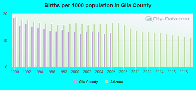 Births per 1000 population in Gila County