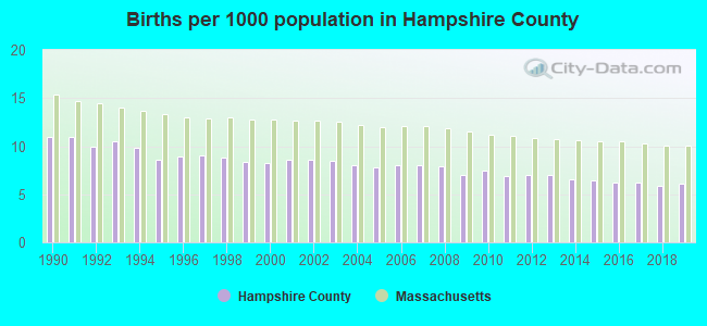 Births per 1000 population in Hampshire County
