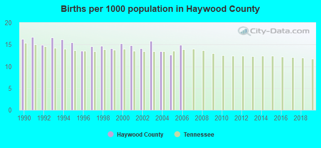 Births per 1000 population in Haywood County