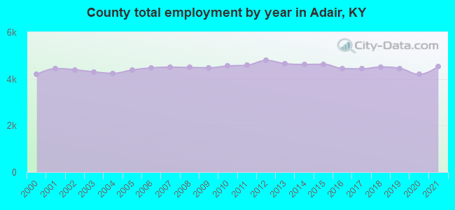 County total employment by year in Adair, KY