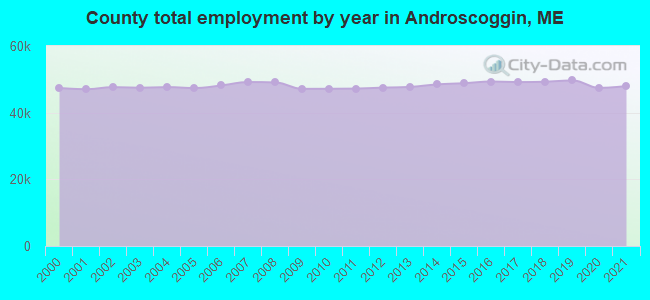 County total employment by year in Androscoggin, ME