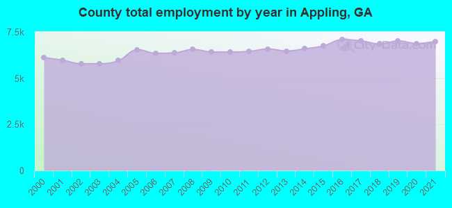 County total employment by year in Appling, GA