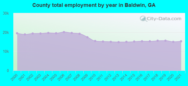 County total employment by year in Baldwin, GA