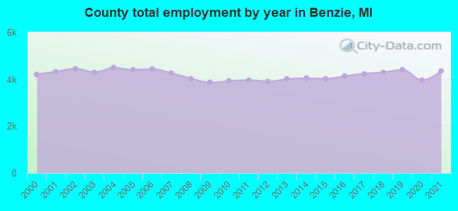 County total employment by year in Benzie, MI