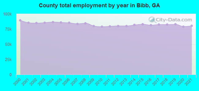 County total employment by year in Bibb, GA