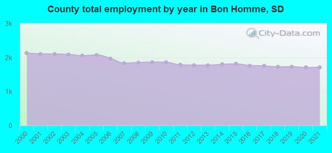 County total employment by year in Bon Homme, SD