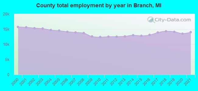 County total employment by year in Branch, MI