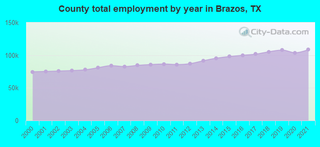 County total employment by year in Brazos, TX