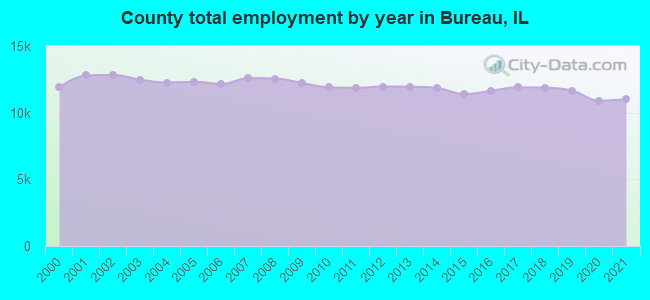 County total employment by year in Bureau, IL