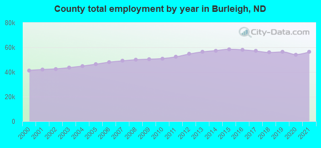 County total employment by year in Burleigh, ND
