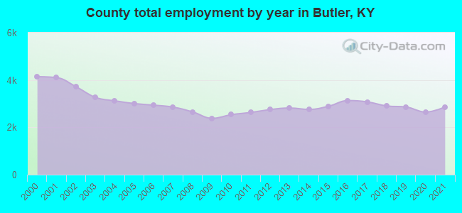 County total employment by year in Butler, KY