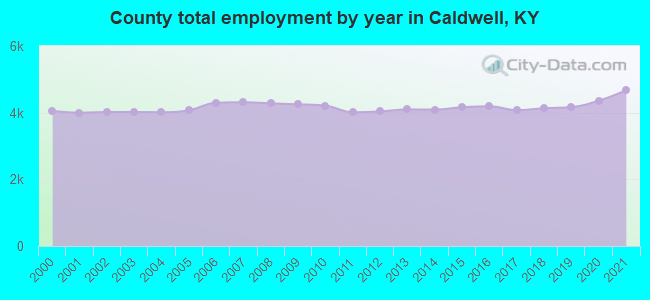 County total employment by year in Caldwell, KY
