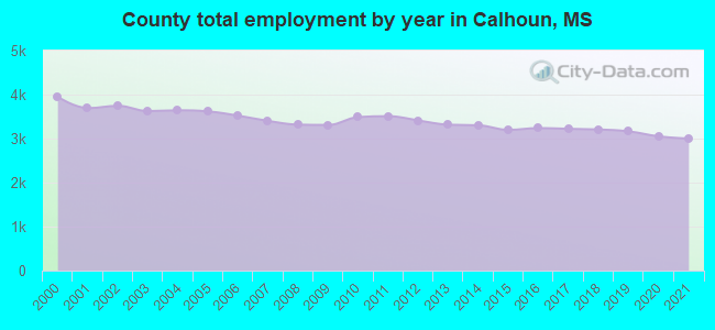 County total employment by year in Calhoun, MS