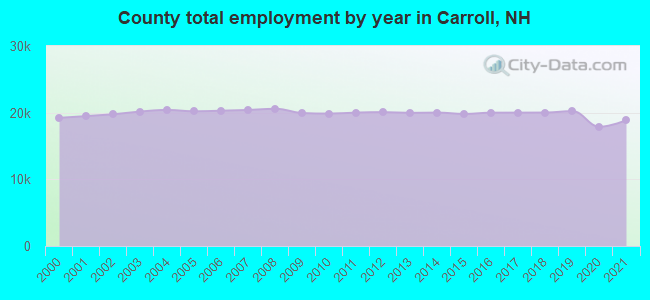County total employment by year in Carroll, NH