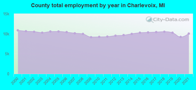County total employment by year in Charlevoix, MI