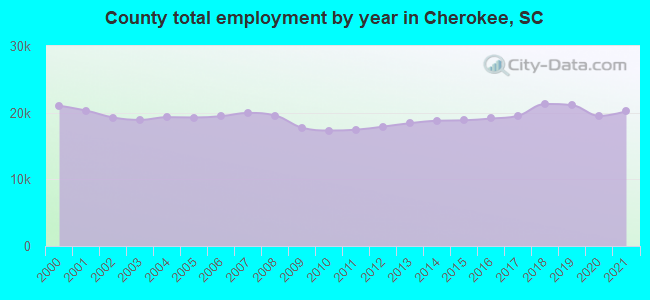 County total employment by year in Cherokee, SC