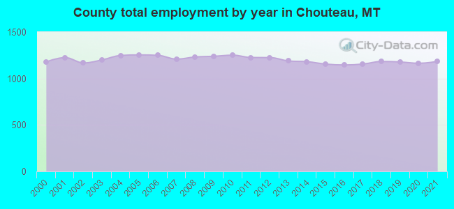 County total employment by year in Chouteau, MT