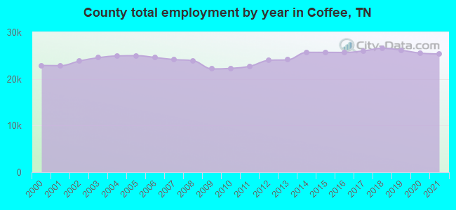 County total employment by year in Coffee, TN