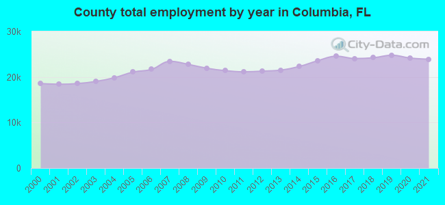 County total employment by year in Columbia, FL