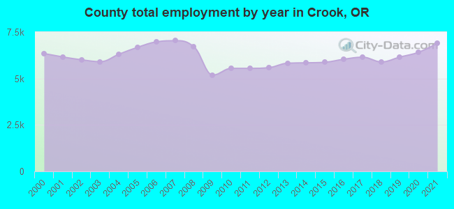 County total employment by year in Crook, OR
