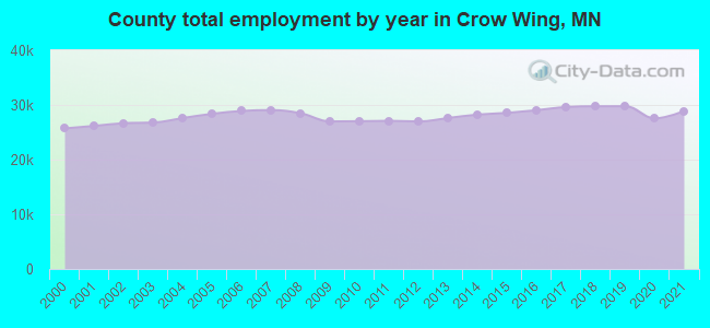County total employment by year in Crow Wing, MN