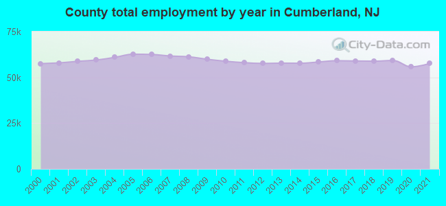 County total employment by year in Cumberland, NJ