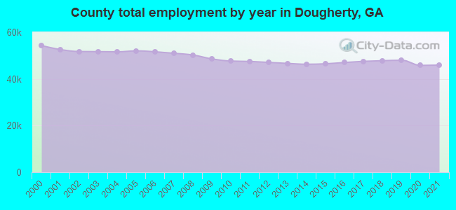 County total employment by year in Dougherty, GA