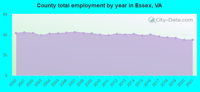 County total employment by year in Essex, VA