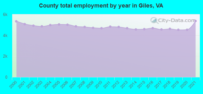 County total employment by year in Giles, VA