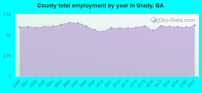 County total employment by year in Grady, GA
