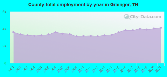 County total employment by year in Grainger, TN