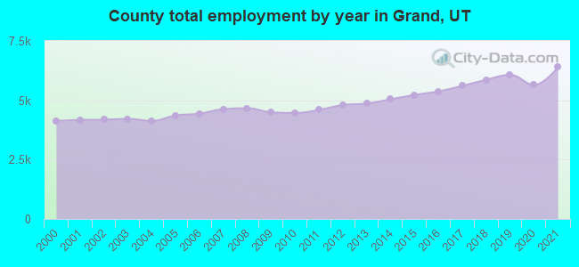 County total employment by year in Grand, UT
