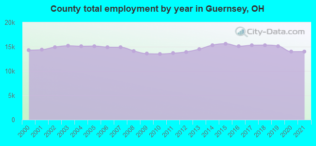 County total employment by year in Guernsey, OH
