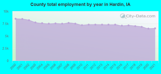 County total employment by year in Hardin, IA