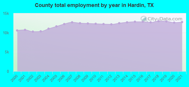 County total employment by year in Hardin, TX