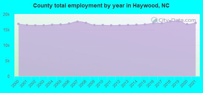 County total employment by year in Haywood, NC