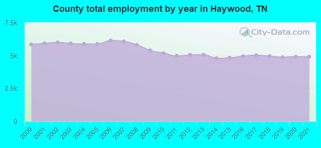 County total employment by year in Haywood, TN