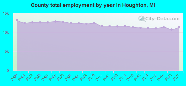 County total employment by year in Houghton, MI
