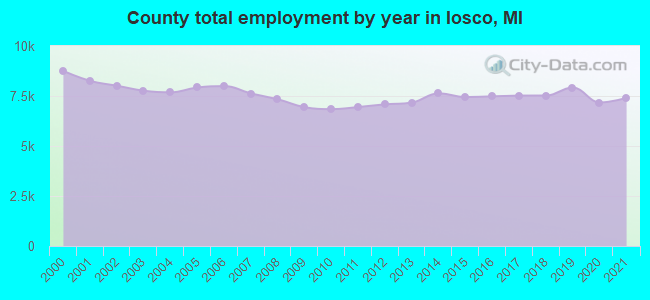 County total employment by year in Iosco, MI