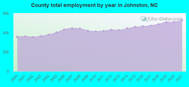 County total employment by year in Johnston, NC