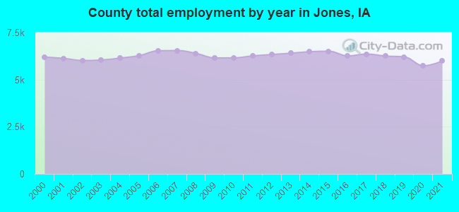 County total employment by year in Jones, IA