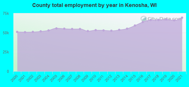 County total employment by year in Kenosha, WI