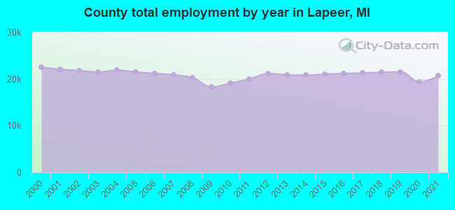 County total employment by year in Lapeer, MI