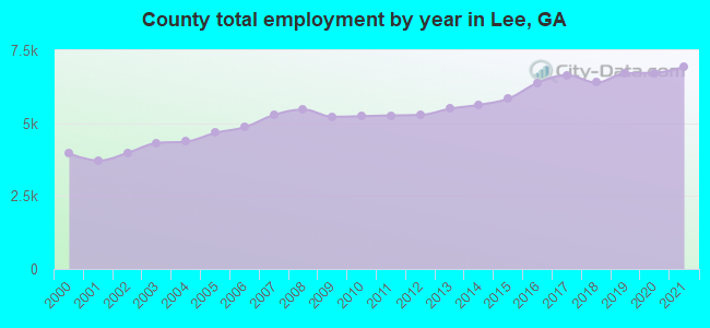 County total employment by year in Lee, GA